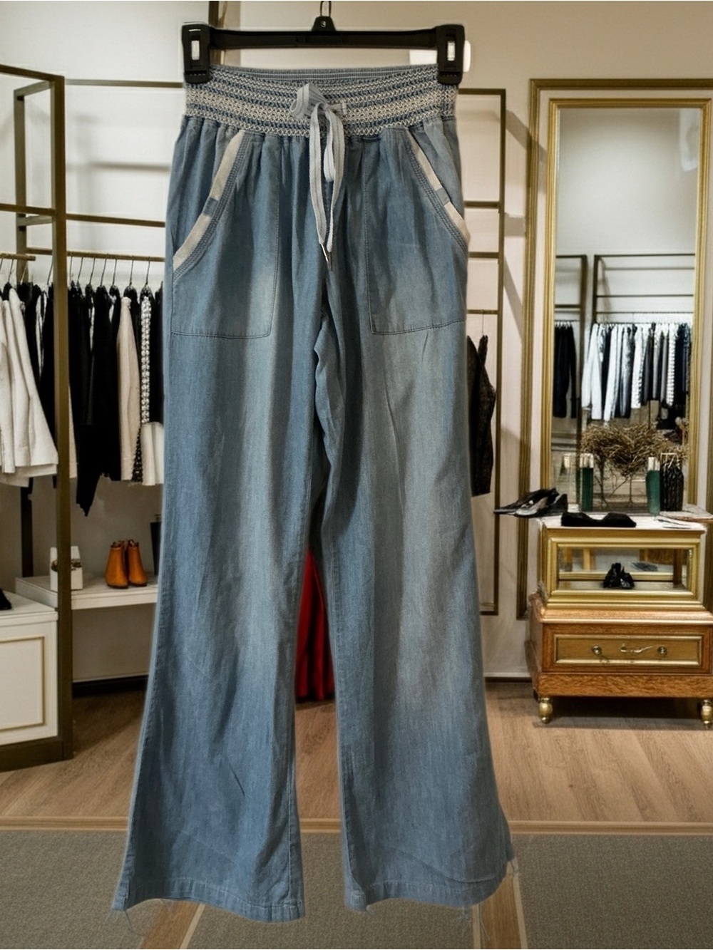 Rewash Chambray Wide Leg Pants Size Small Smocked Waist Drawstring Boho